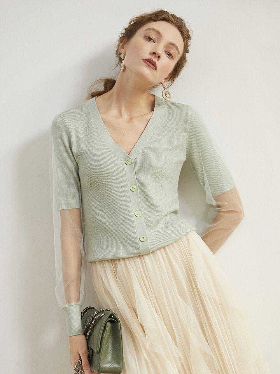 Ozie mesh stitching knitted cardigan MINT
