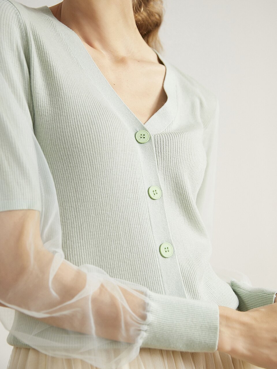 Ozie mesh stitching knitted cardigan MINT