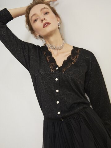 Lace Stitching Knit Cardigan BLACK