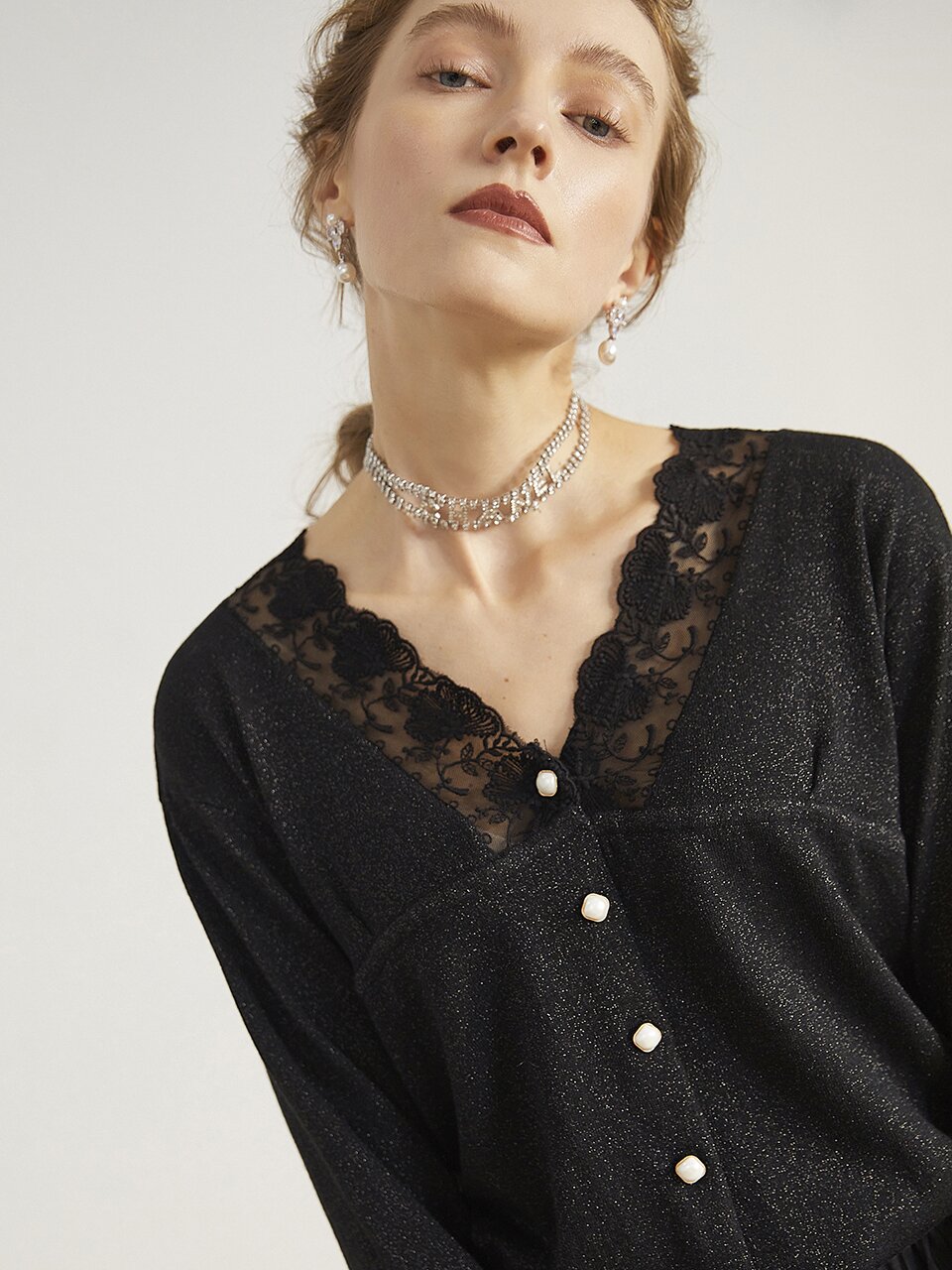 Lace Stitching Knit Cardigan BLACK