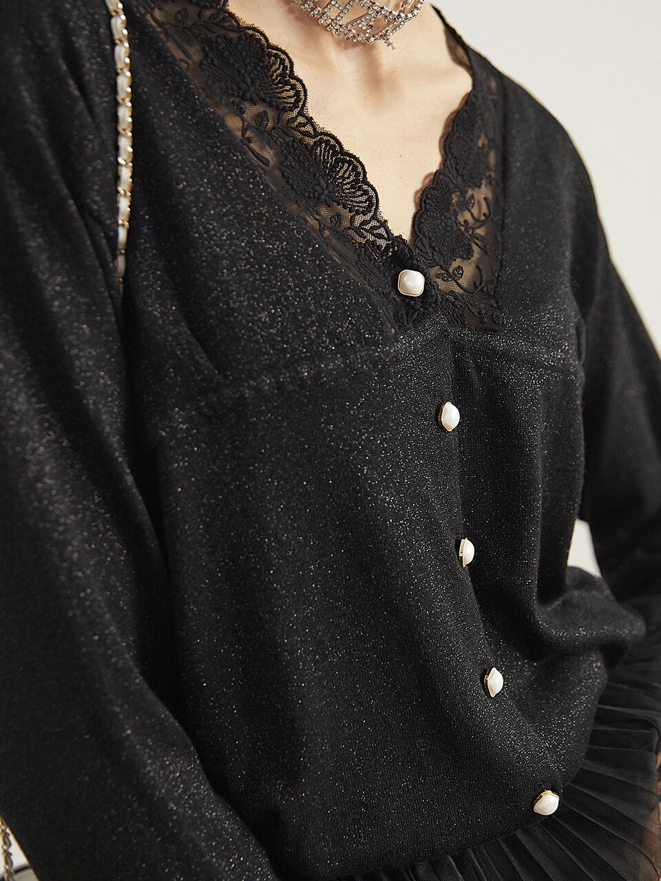 Lace Stitching Knit Cardigan BLACK