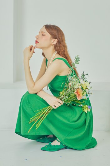 린넨 스퀘어넥 플레어 A라인 밴딩 롱 원피스