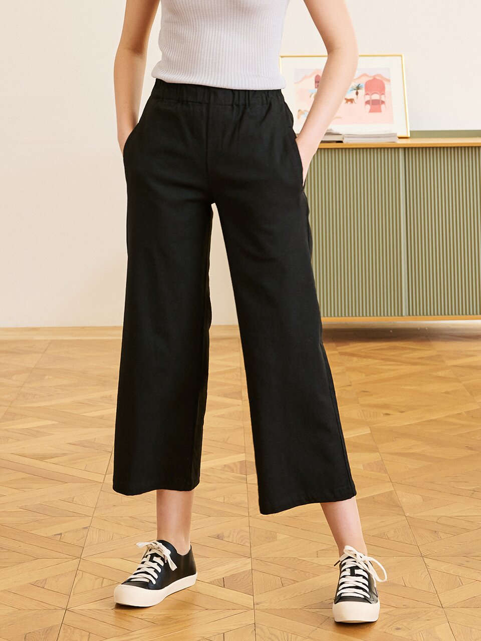 Linen Wide Bending Pants_Black