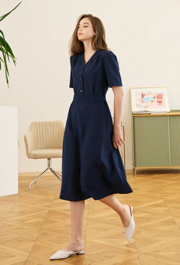 V-neck Half Shirt Dress (4 Color)