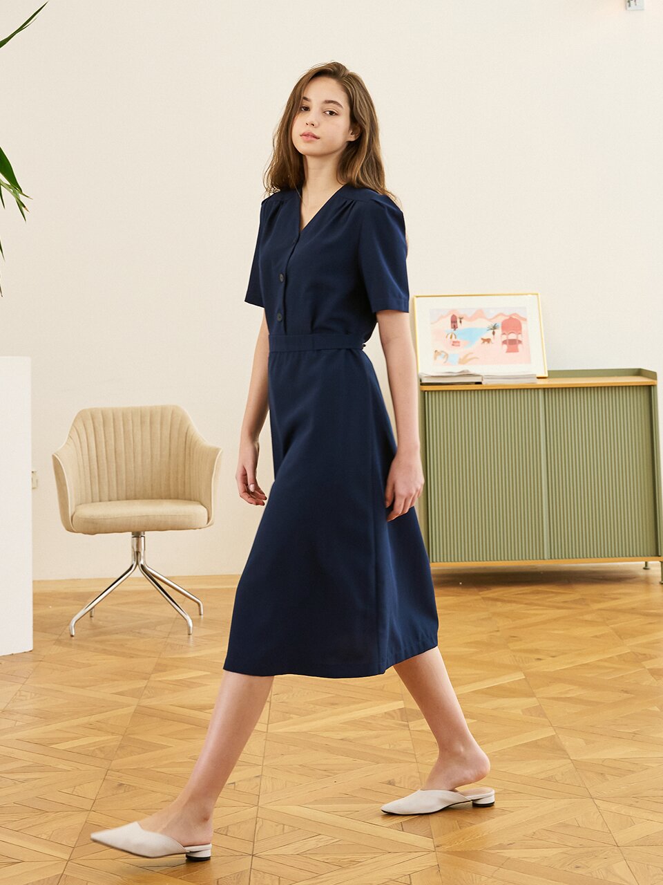 V-neck Half Shirt Dress (4 Color)