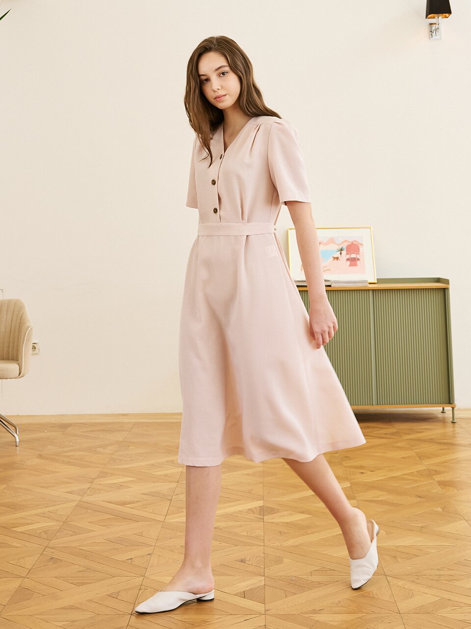 V-neck Half Shirt Dress (4 Color)