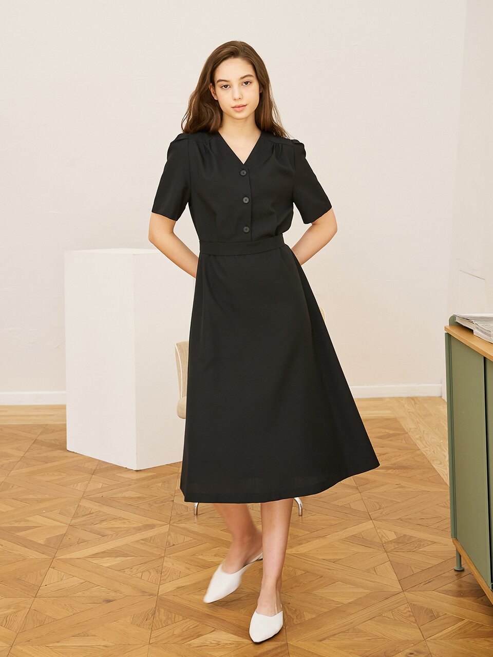 V-neck Half Shirt Dress (4 Color)