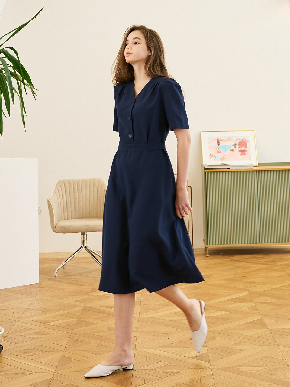 V-neck Half Shirt Dress (4 Color)