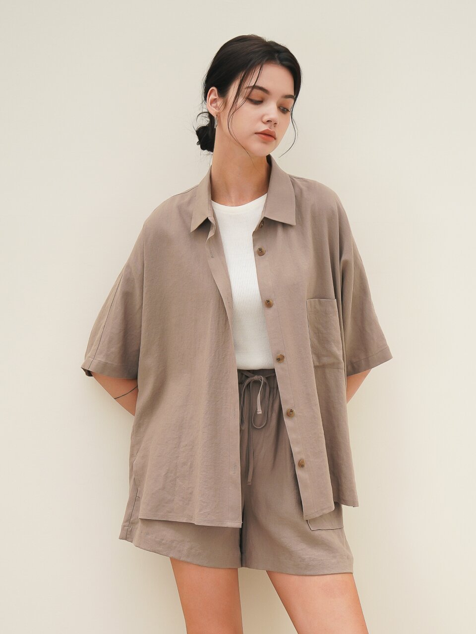 Half Sleeve Linen Shirt_Brown