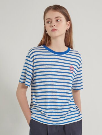 세일러 린넨 스트라이프 기본 반팔 티셔츠_블루