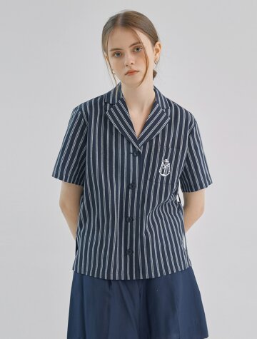 프랑 린넨 스트라이프 여름 반팔 셔츠_네이비