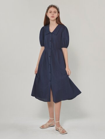 안나 코튼 퍼프 반팔 롱 셔츠 원피스_네이비