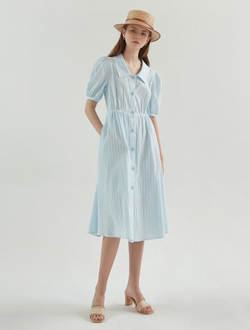 안나 코튼 퍼프 반팔 롱 셔츠 원피스_스카이블루