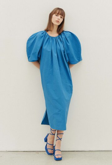 Giselle Puffsleeve Linen Midi Dress (Azure)