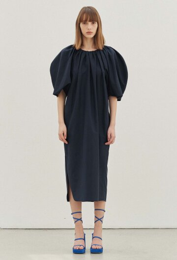 Giselle Puffsleeve Linen Midi Dress (Navy)