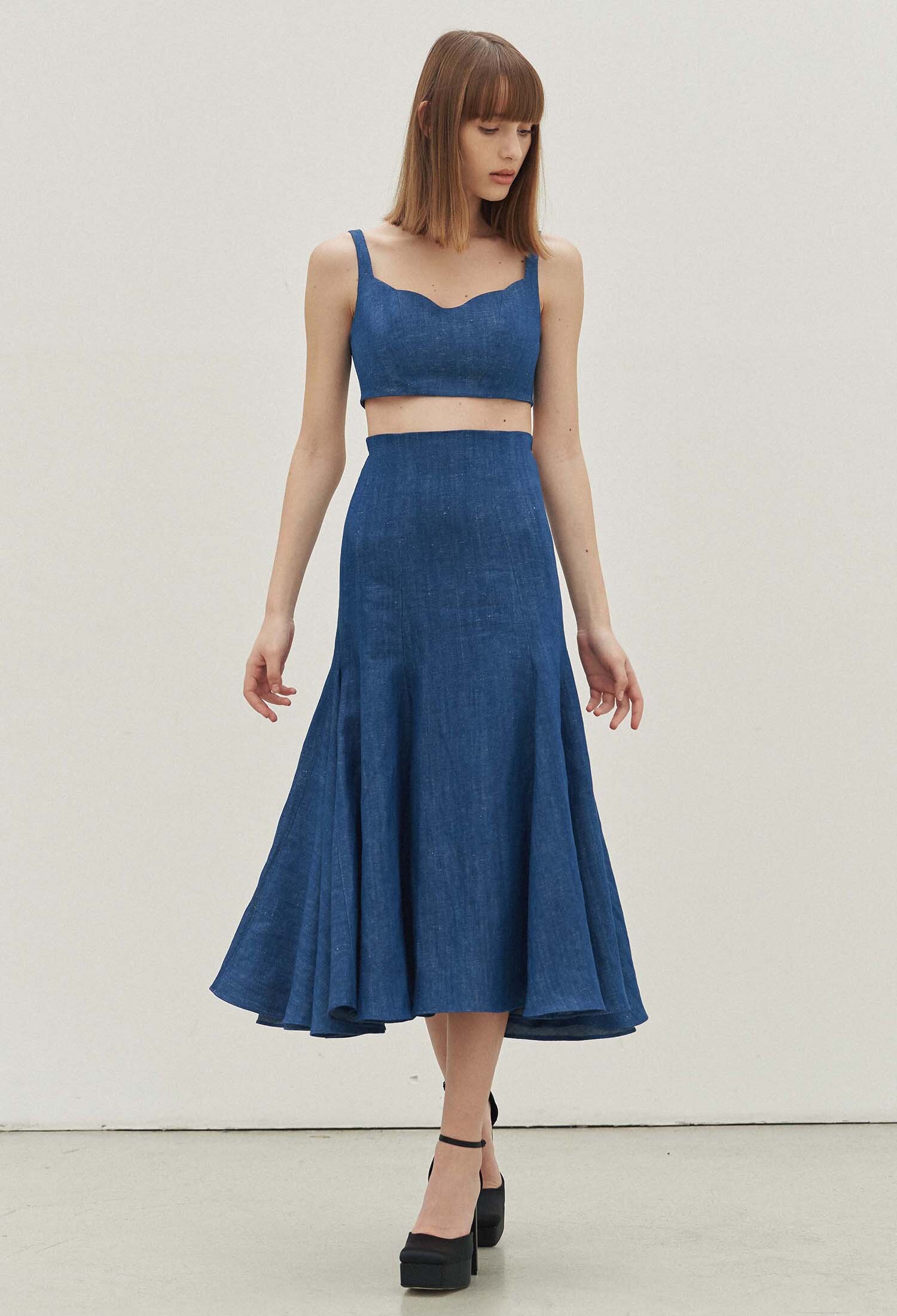 Fyona Linen Denim Mermaid Skirt (Indigo Blue)