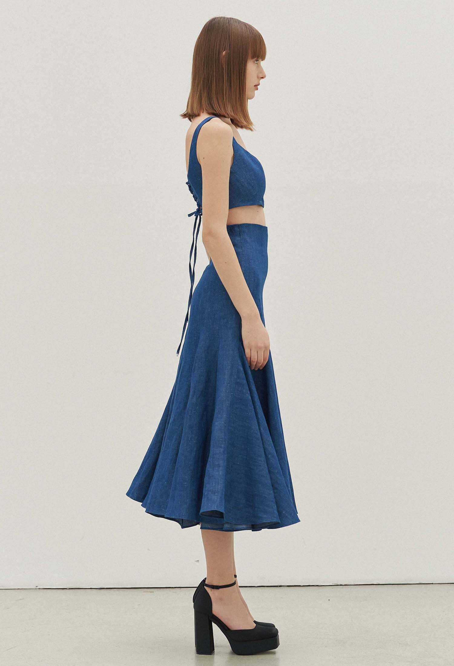 Fyona Linen Denim Mermaid Skirt (Indigo Blue)