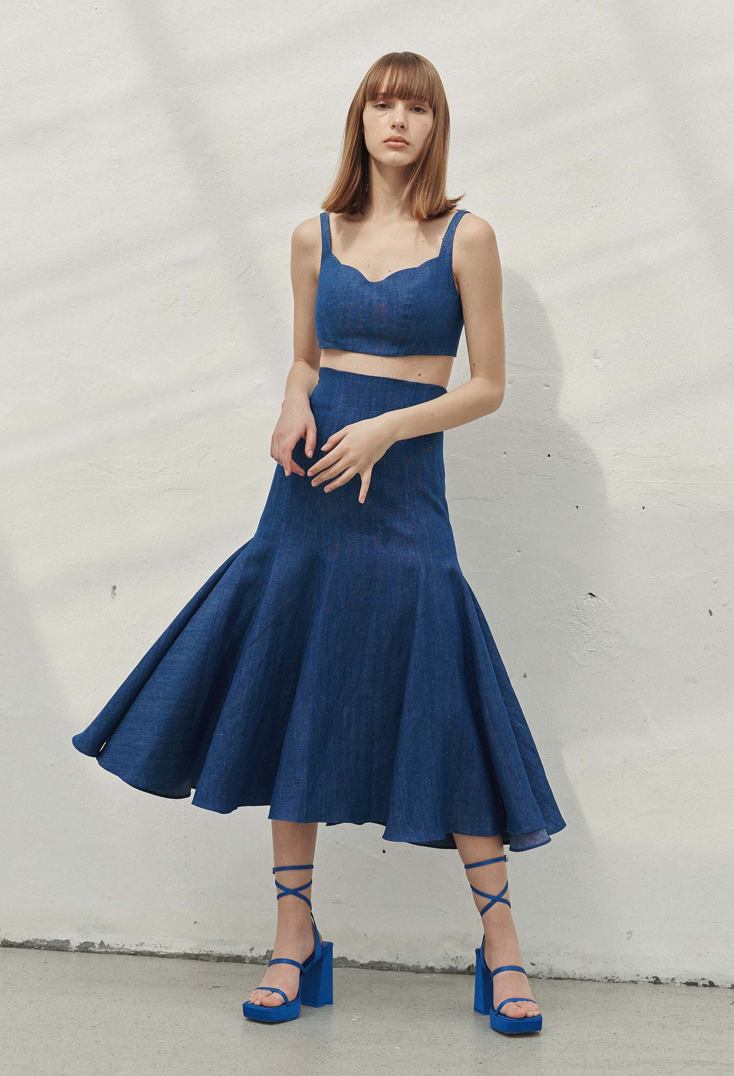 Fyona Linen Denim Mermaid Skirt (Indigo Blue)
