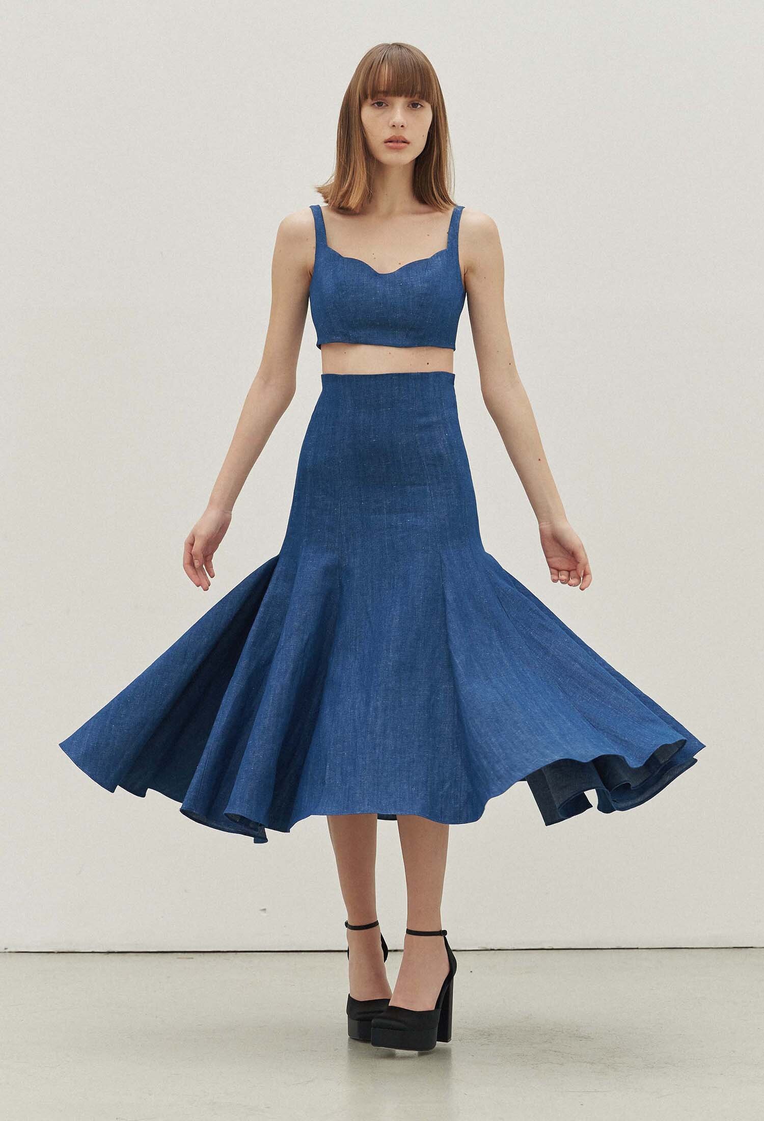 Fyona Linen Denim Mermaid Skirt (Indigo Blue)
