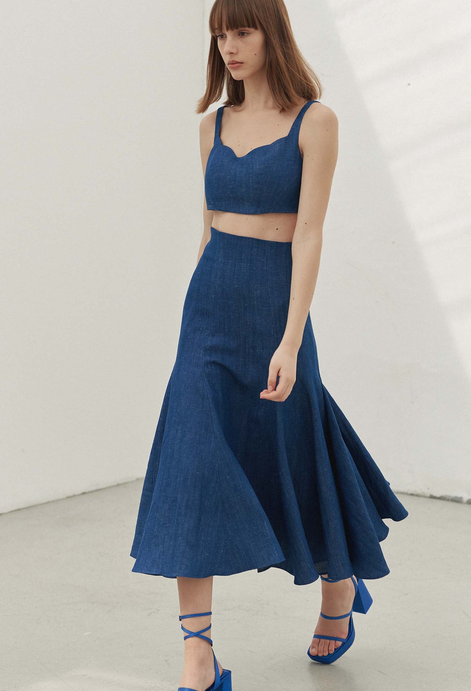 Fyona Linen Denim Mermaid Skirt (Indigo Blue)