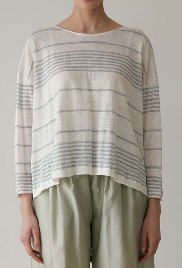 Amelie Stripe Linen Crop Tee (Gray & White)