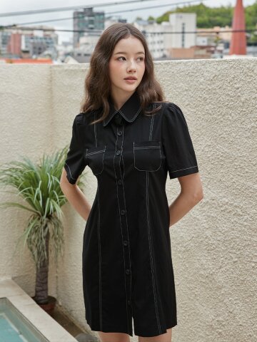 스티치 하프 미니 원피스 블랙 [T42]