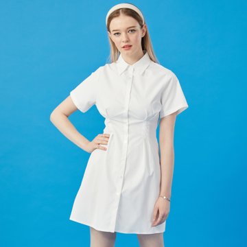 WOMEN 크롭 슬림 무지 반팔 셔츠 미니 원피스 [WHITE] 스커트 치마 ver.