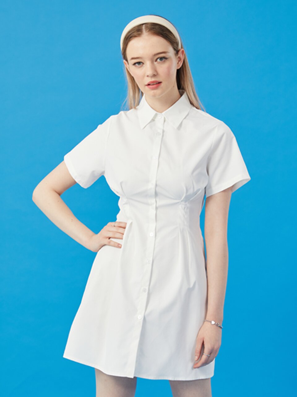 WOMEN 크롭 슬림 무지 반팔 셔츠 미니 원피스 [WHITE] 스커트 치마 ver.