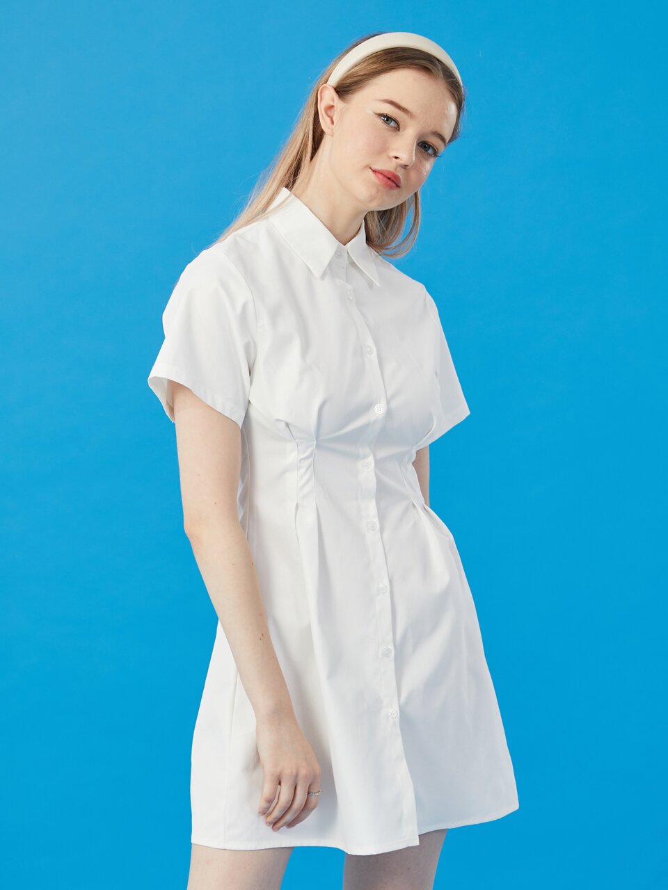 WOMEN 크롭 슬림 무지 반팔 셔츠 미니 원피스 [WHITE] 스커트 치마 ver.