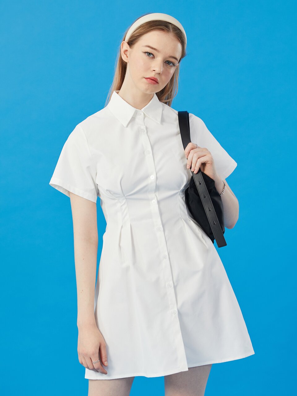 WOMEN 크롭 슬림 무지 반팔 셔츠 미니 원피스 [WHITE] 스커트 치마 ver.