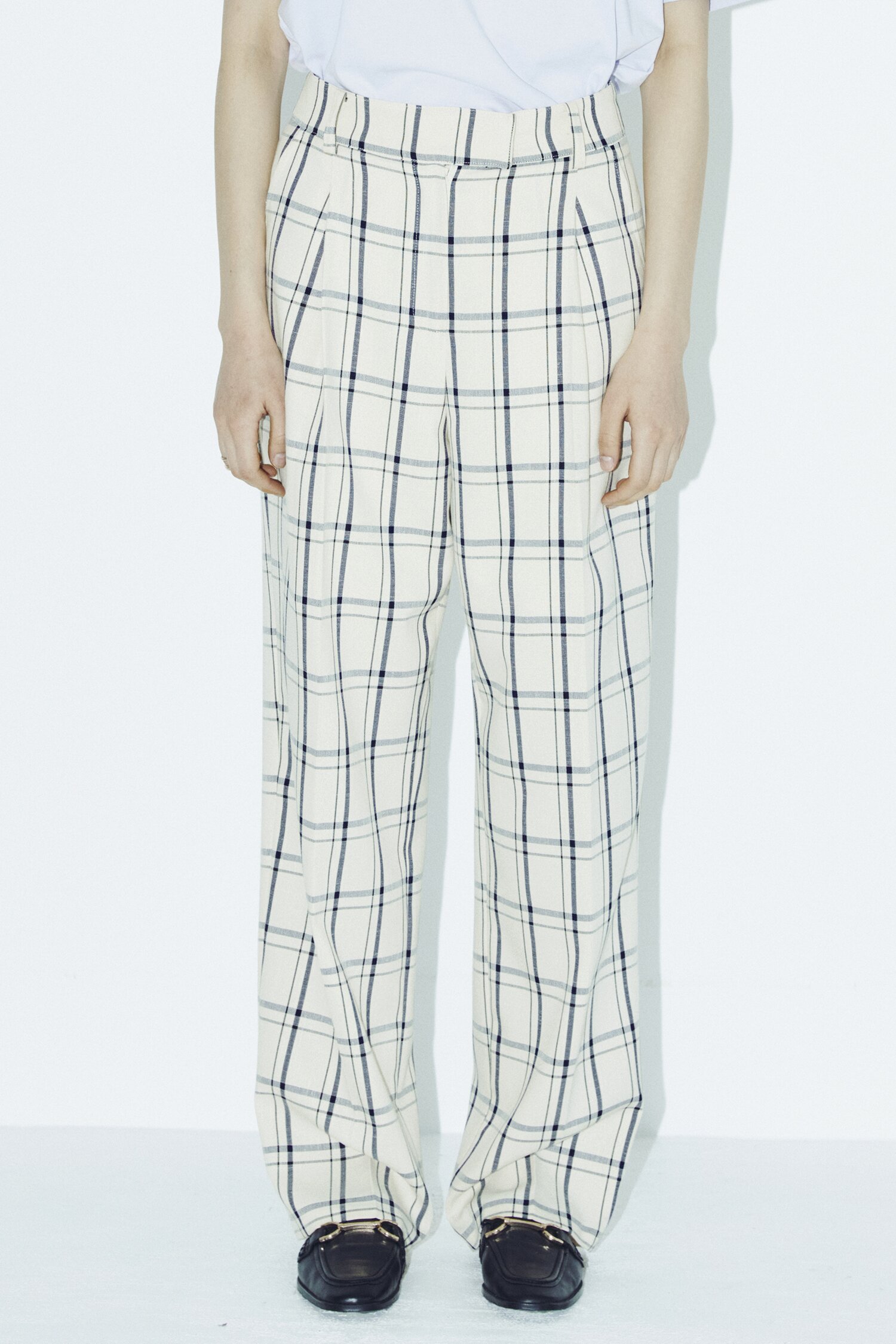 Check Wide Trousers - Cream