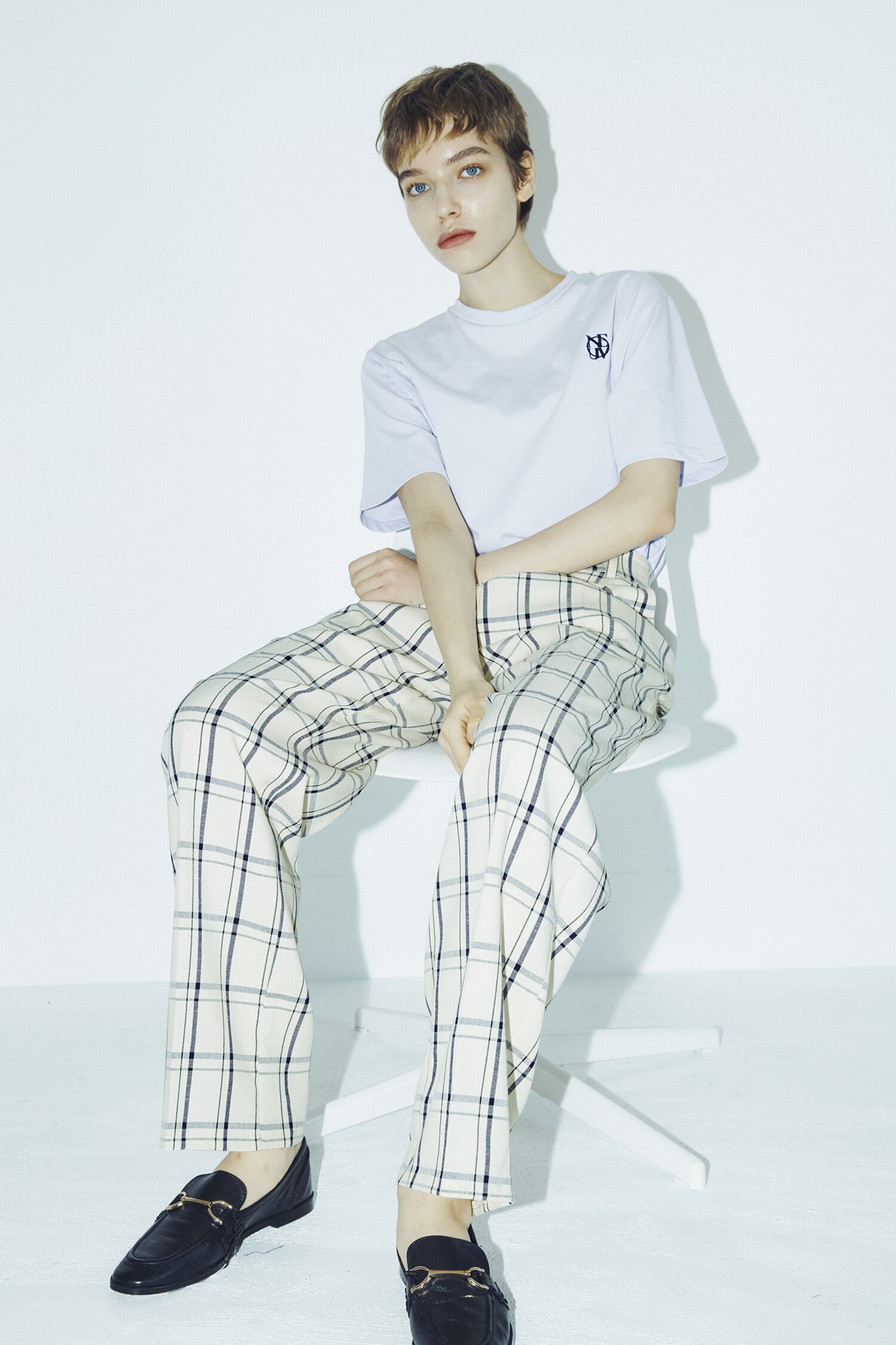 Check Wide Trousers - Cream