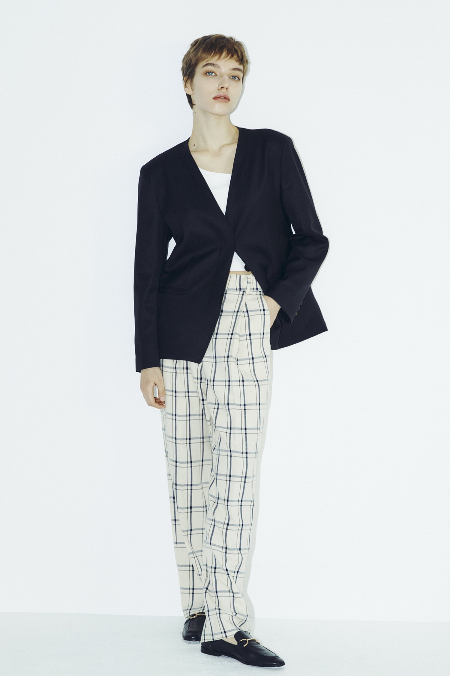 Check Wide Trousers - Cream