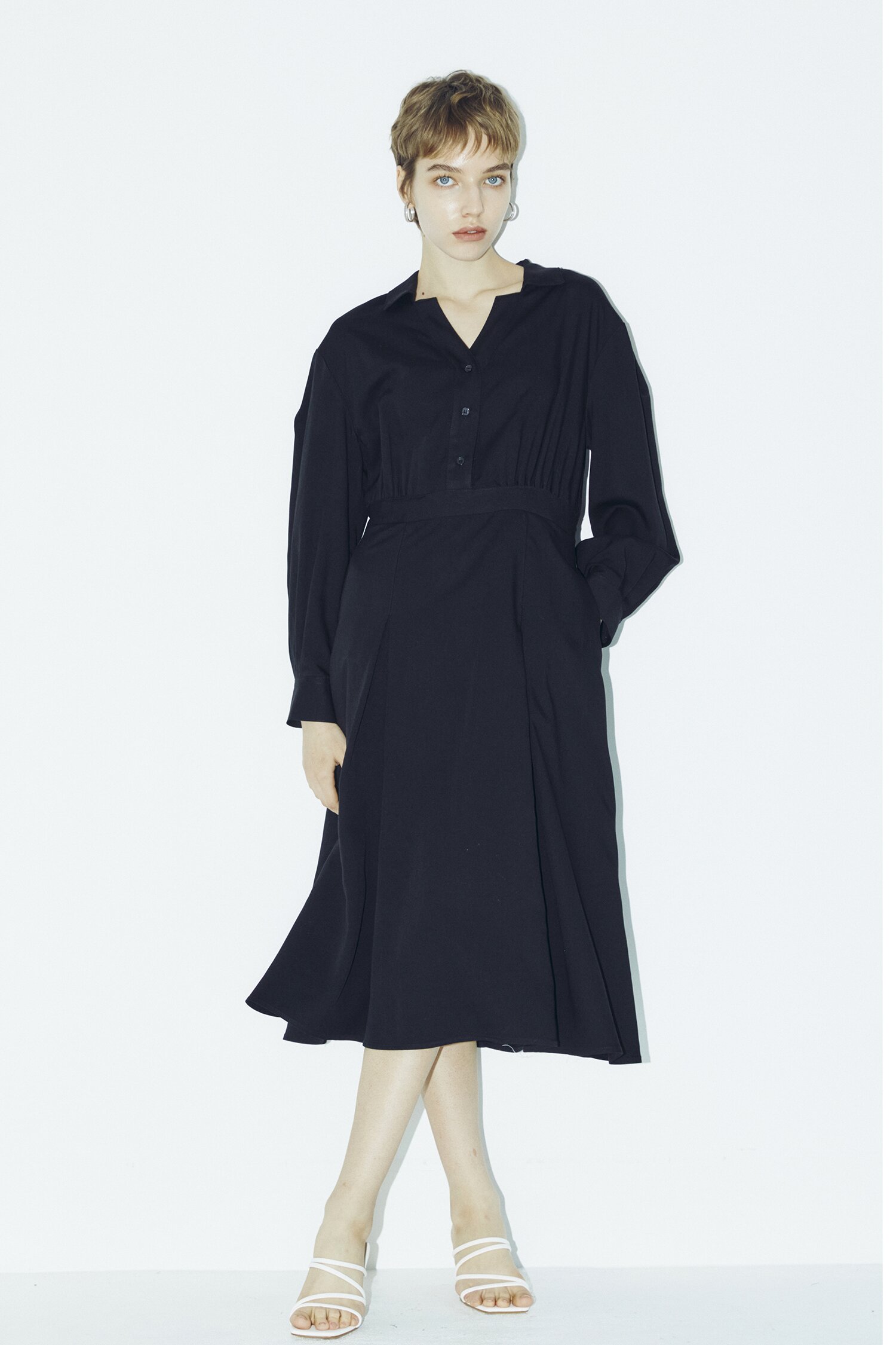 V Neck Collar Button Dress - Black
