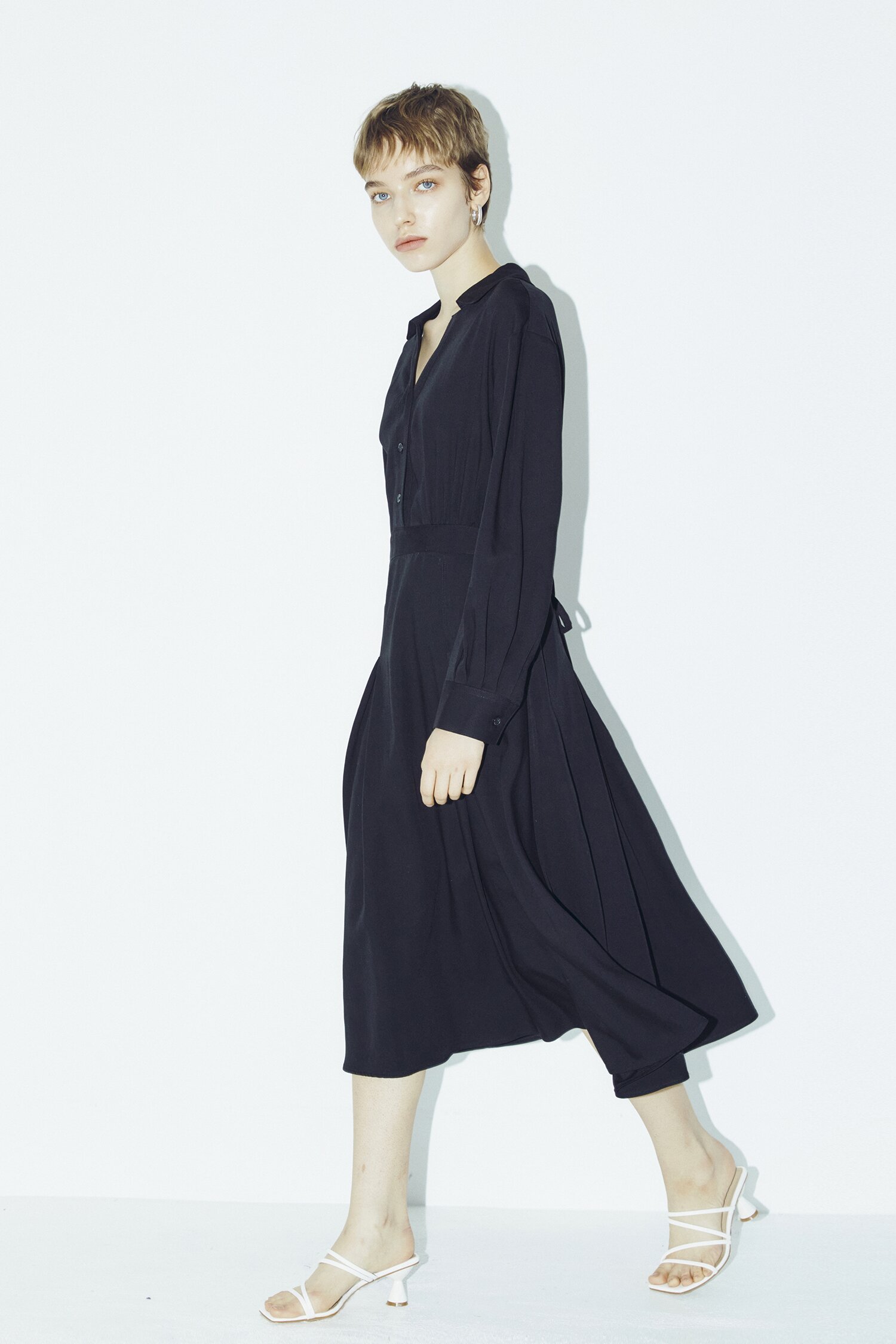 V Neck Collar Button Dress - Black