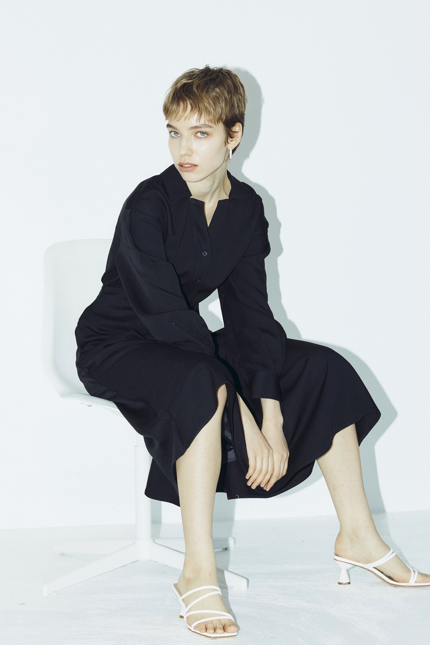 V Neck Collar Button Dress - Black