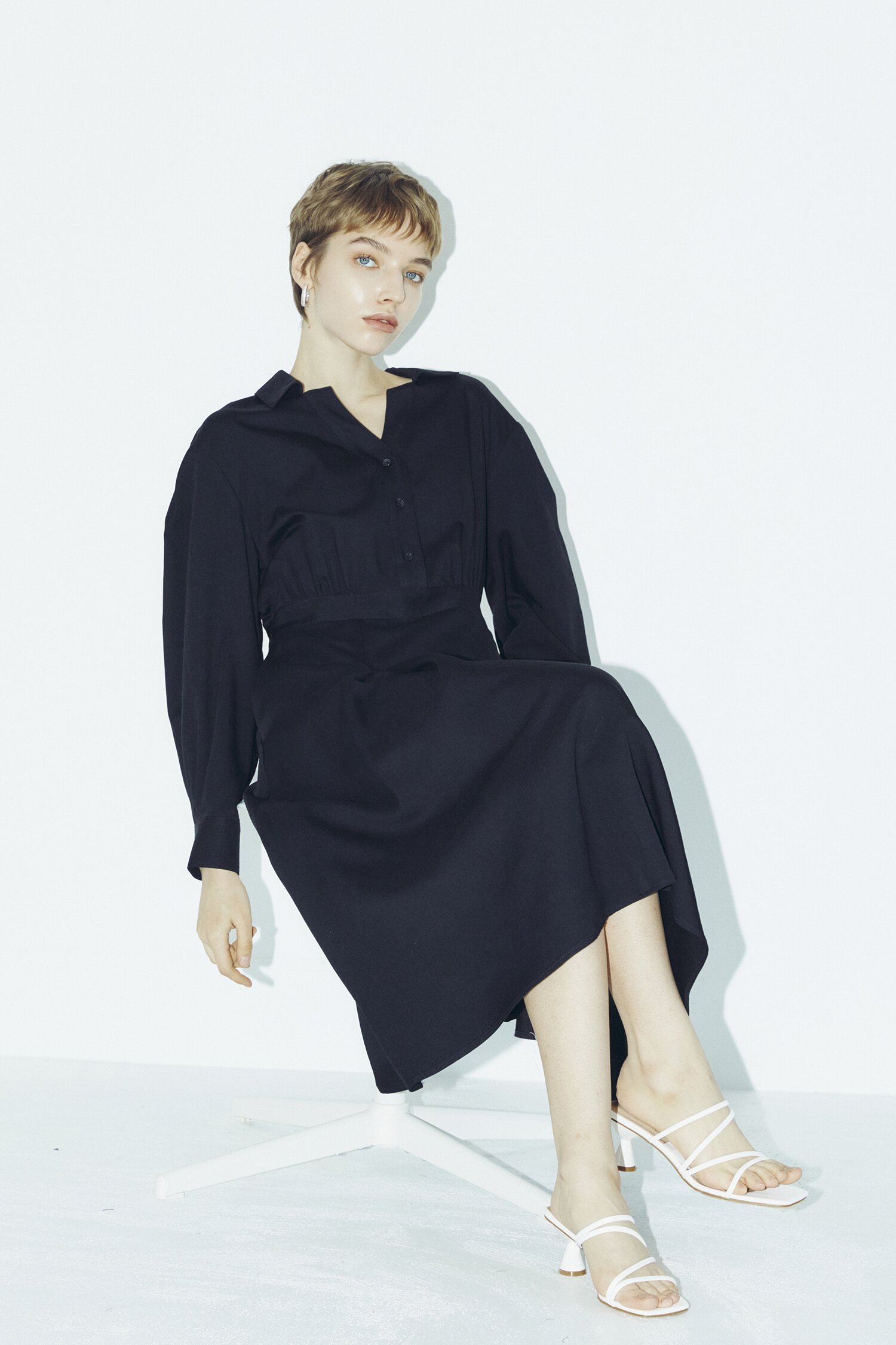 V Neck Collar Button Dress - Black