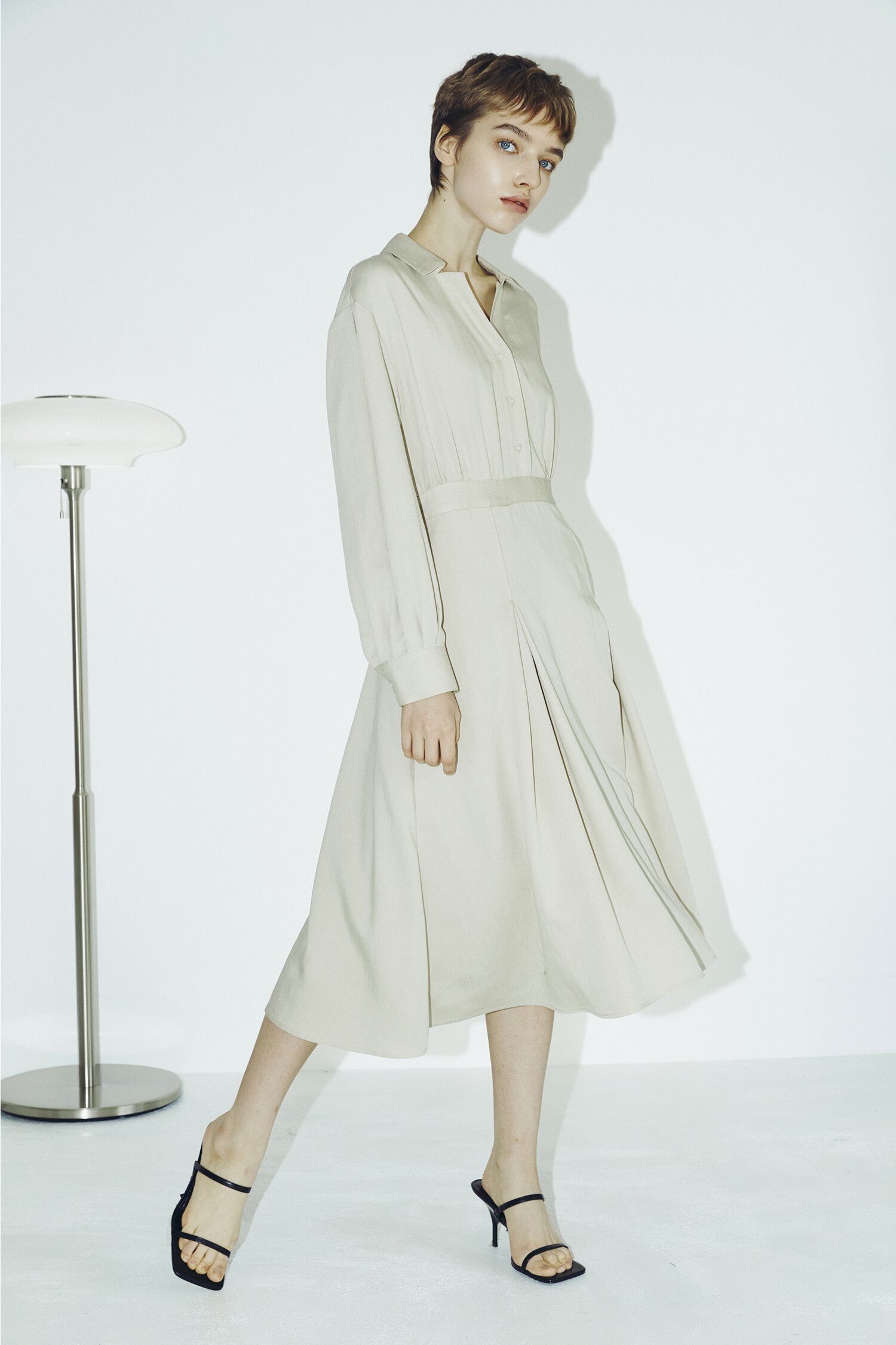 V Neck Collar Button Dress - Light Beige