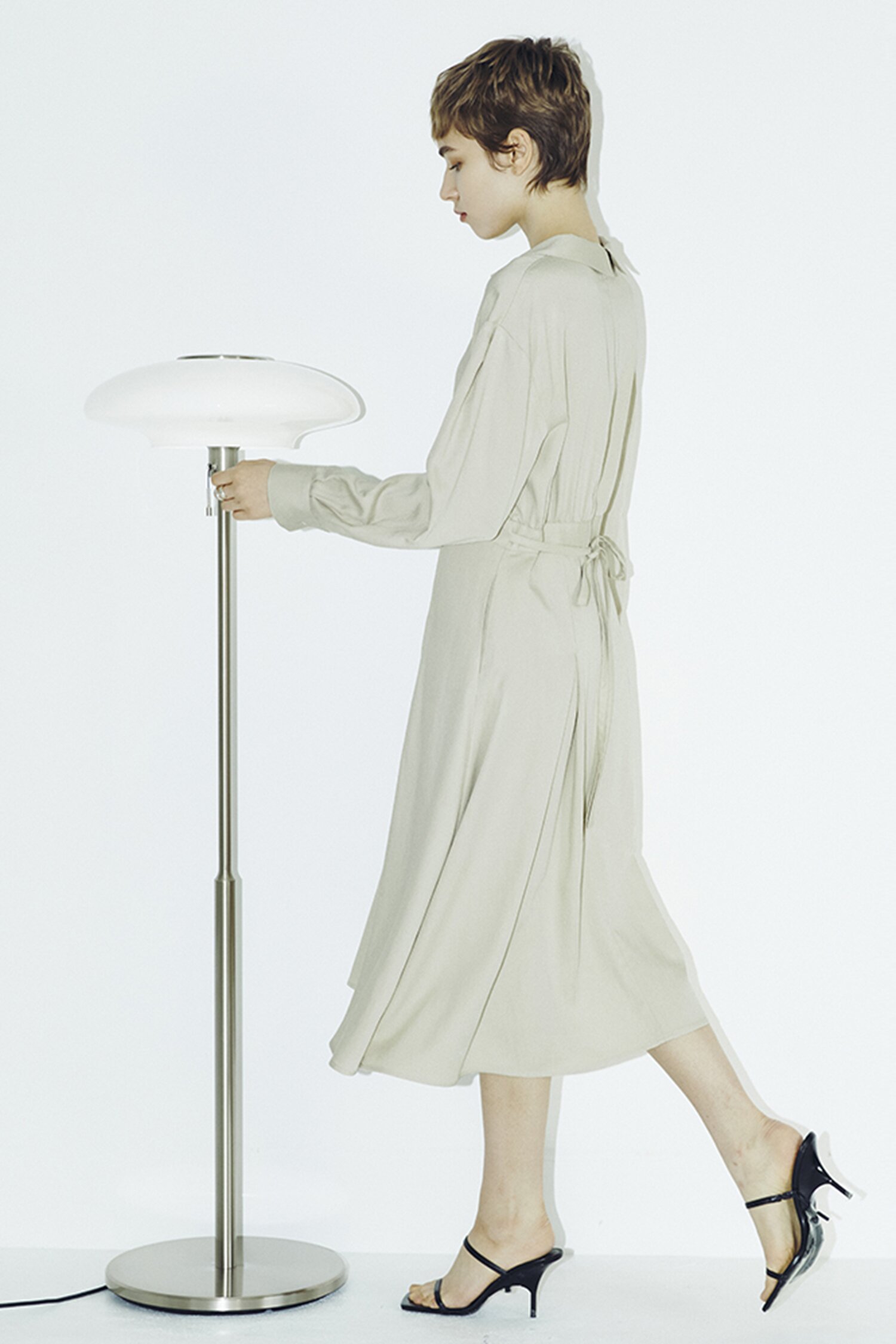 V Neck Collar Button Dress - Light Beige