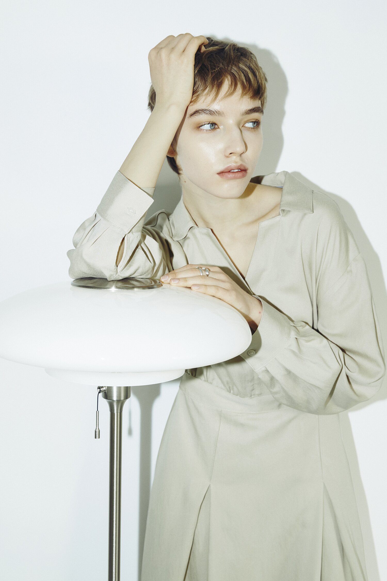 V Neck Collar Button Dress - Light Beige