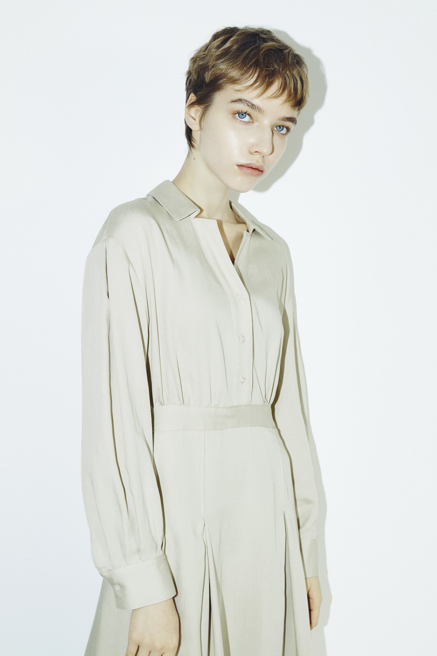 V Neck Collar Button Dress - Light Beige