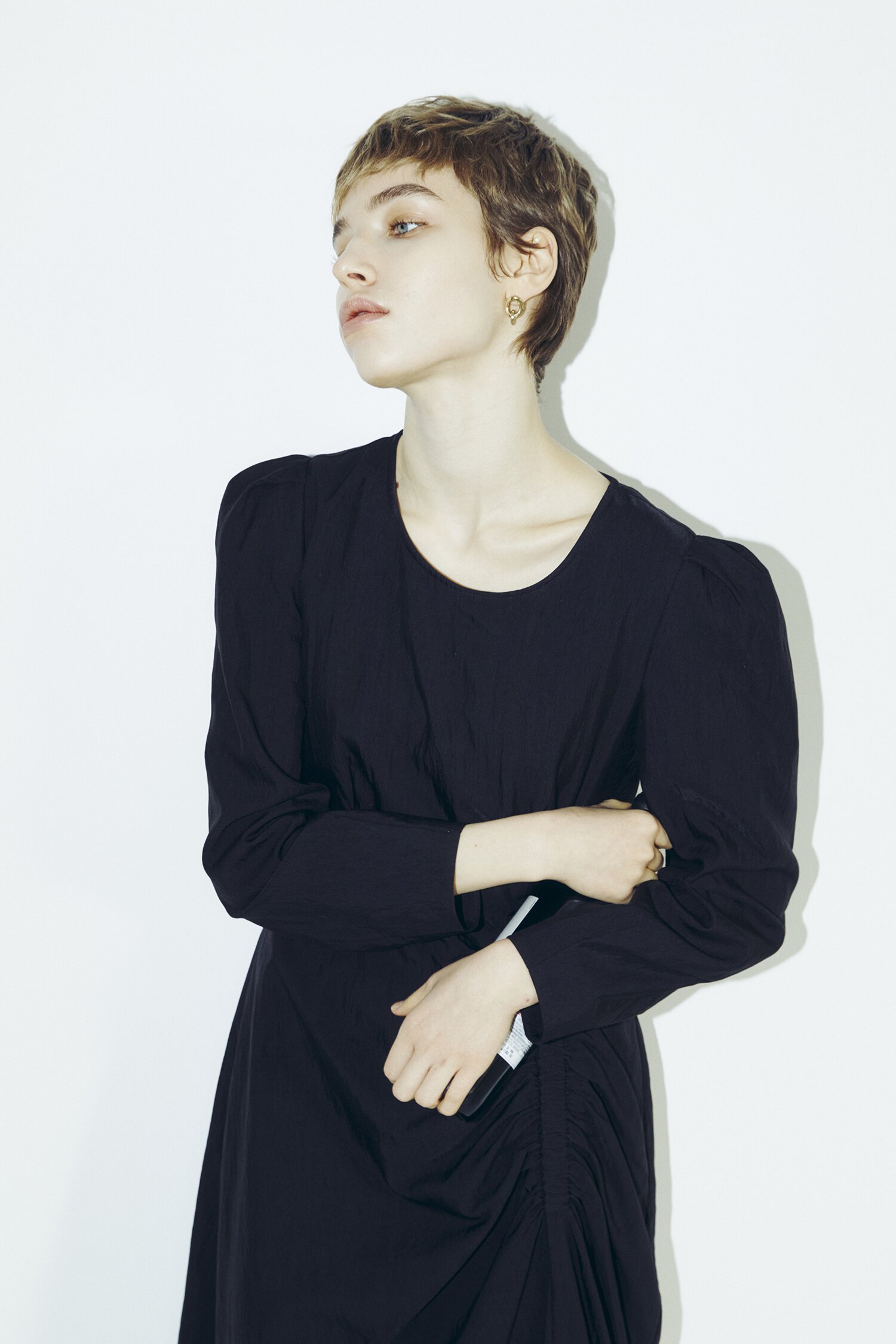 Long Sleeve Shirring Midi Dress - Black