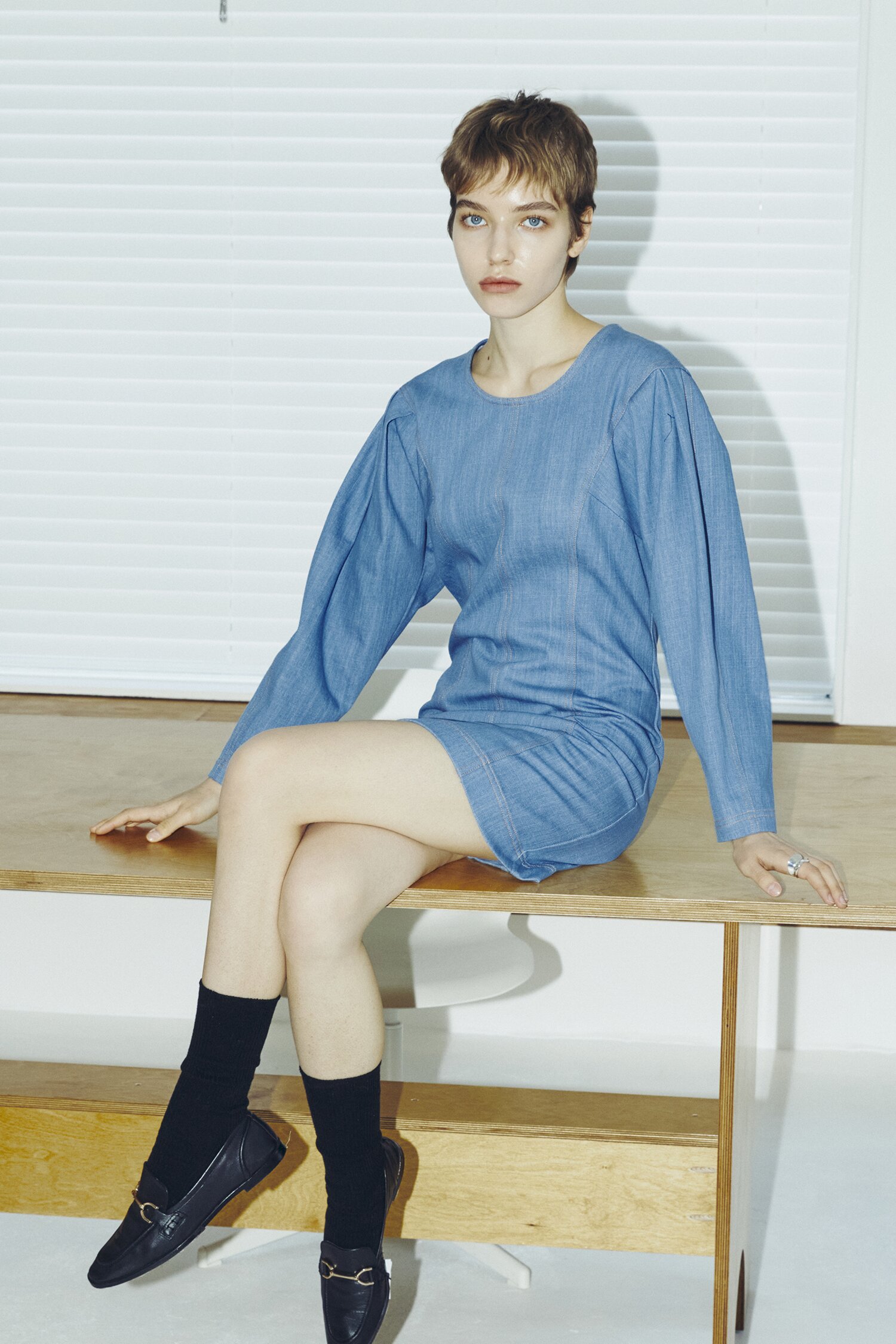 Denim Stitch Mini Dress - Blue