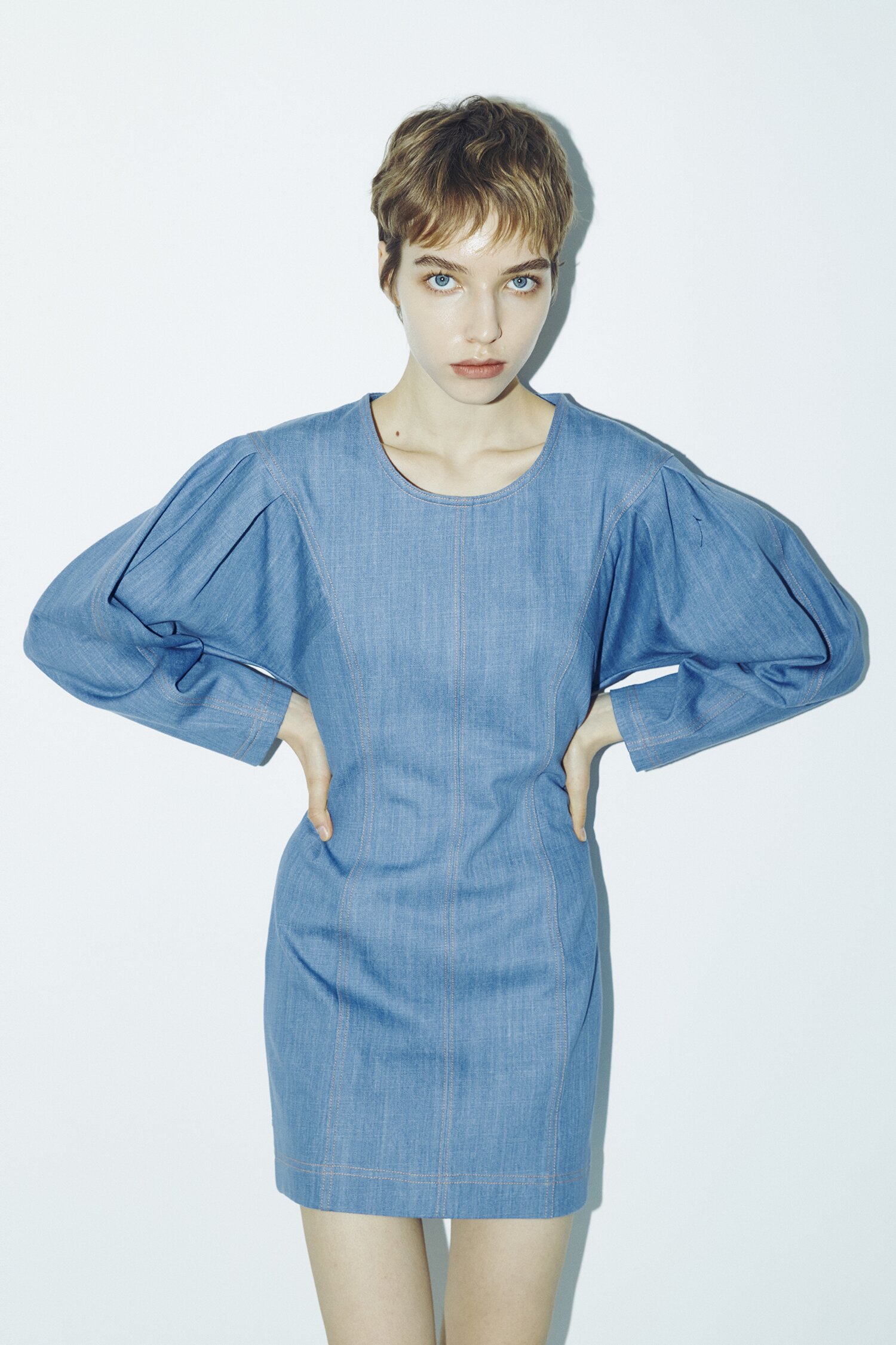 Denim Stitch Mini Dress - Blue