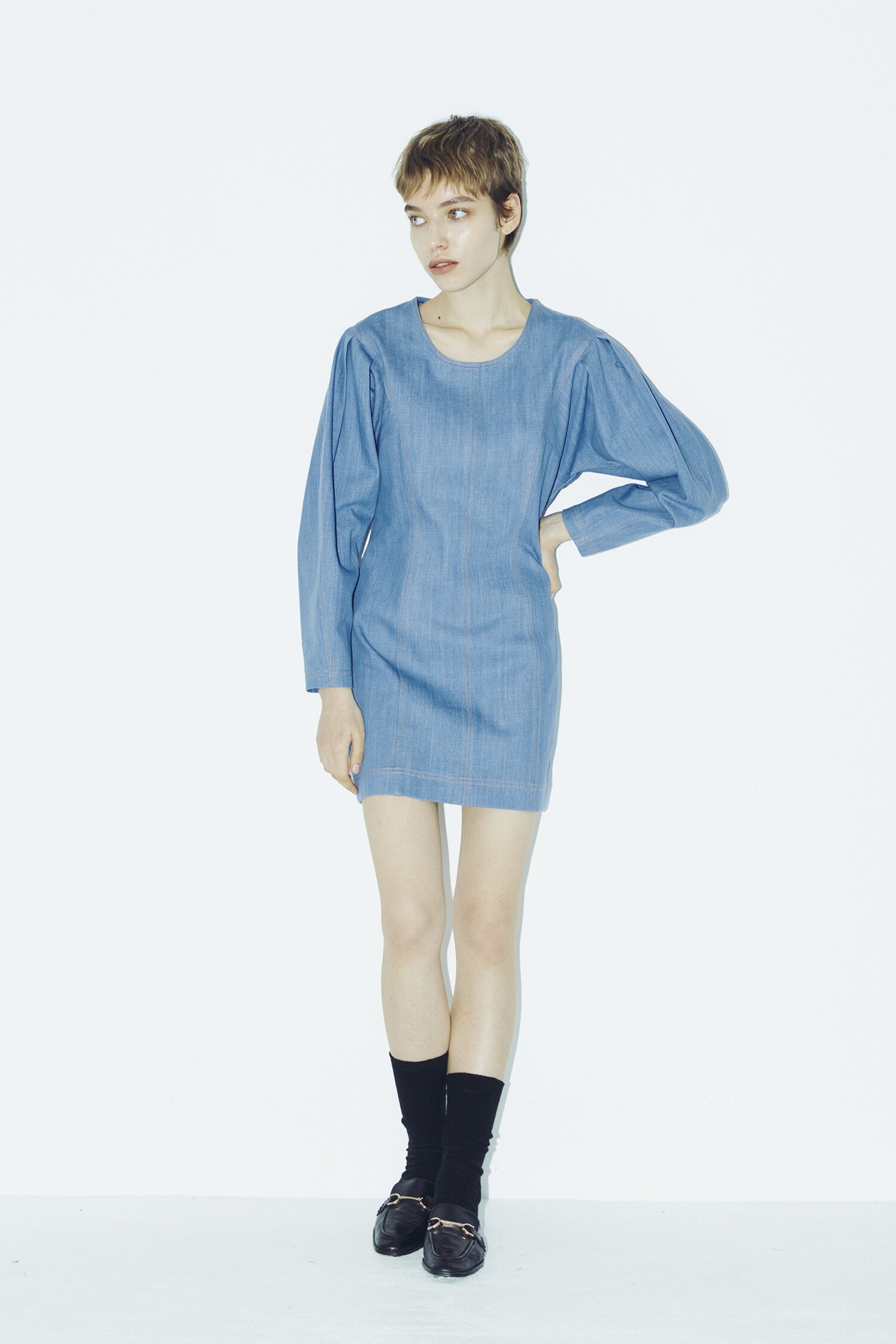 Denim Stitch Mini Dress - Blue