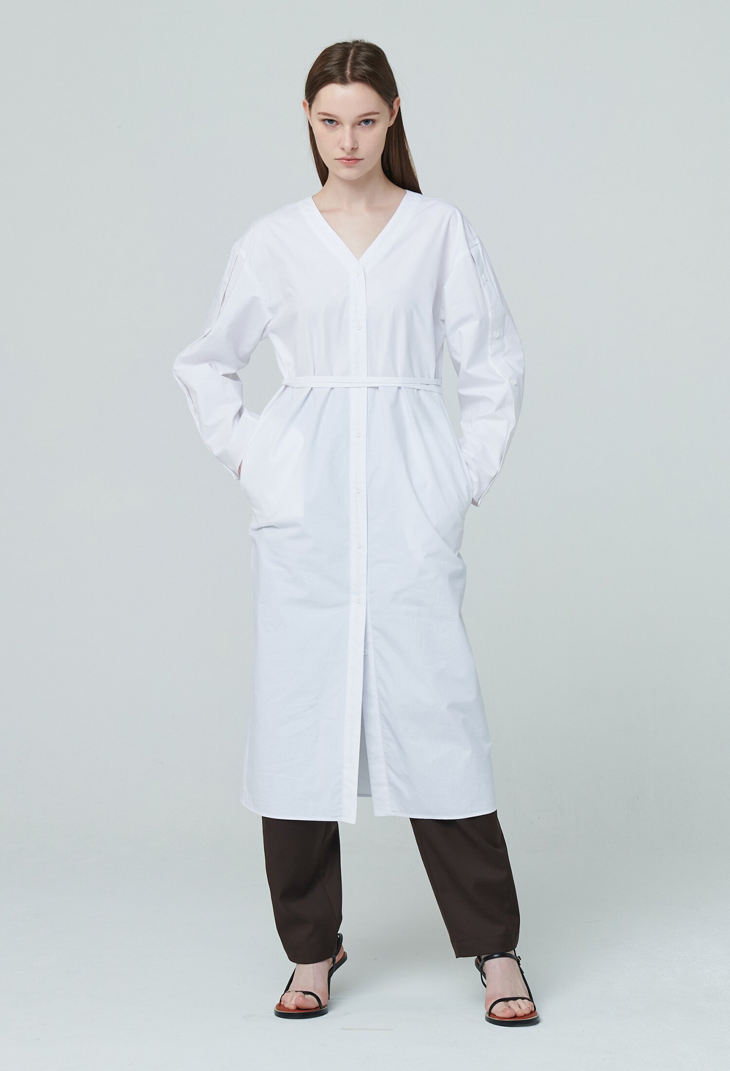 V Neck Shirt Long Dress - White