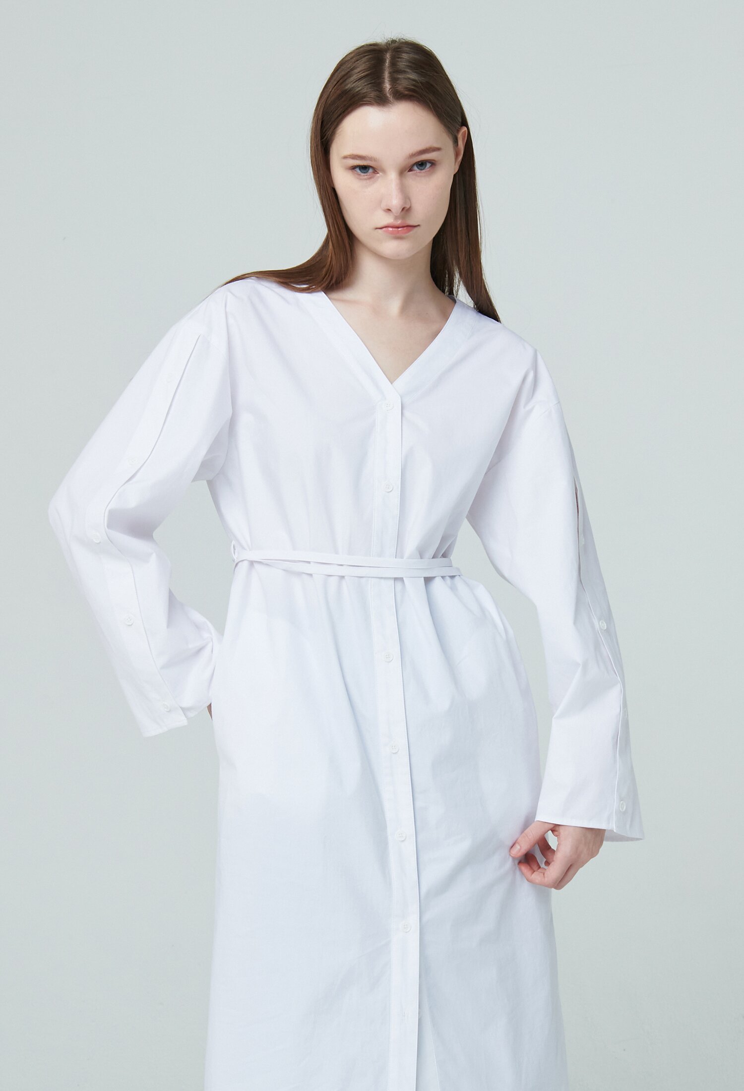V Neck Shirt Long Dress - White