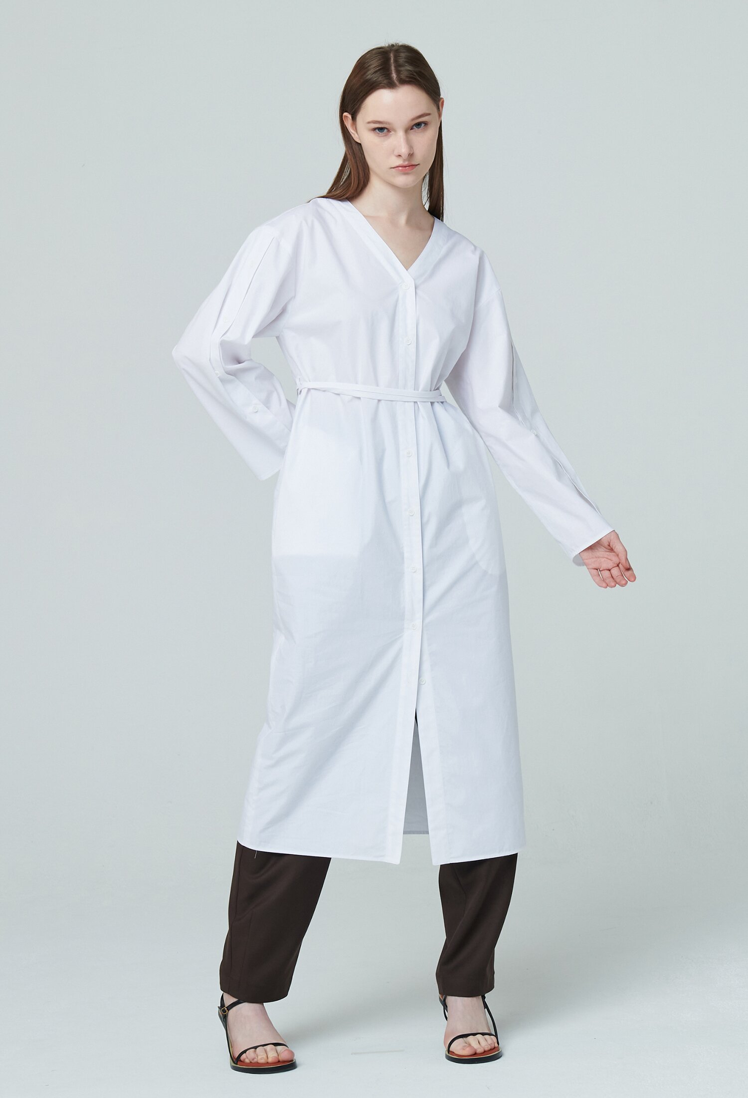 V Neck Shirt Long Dress - White