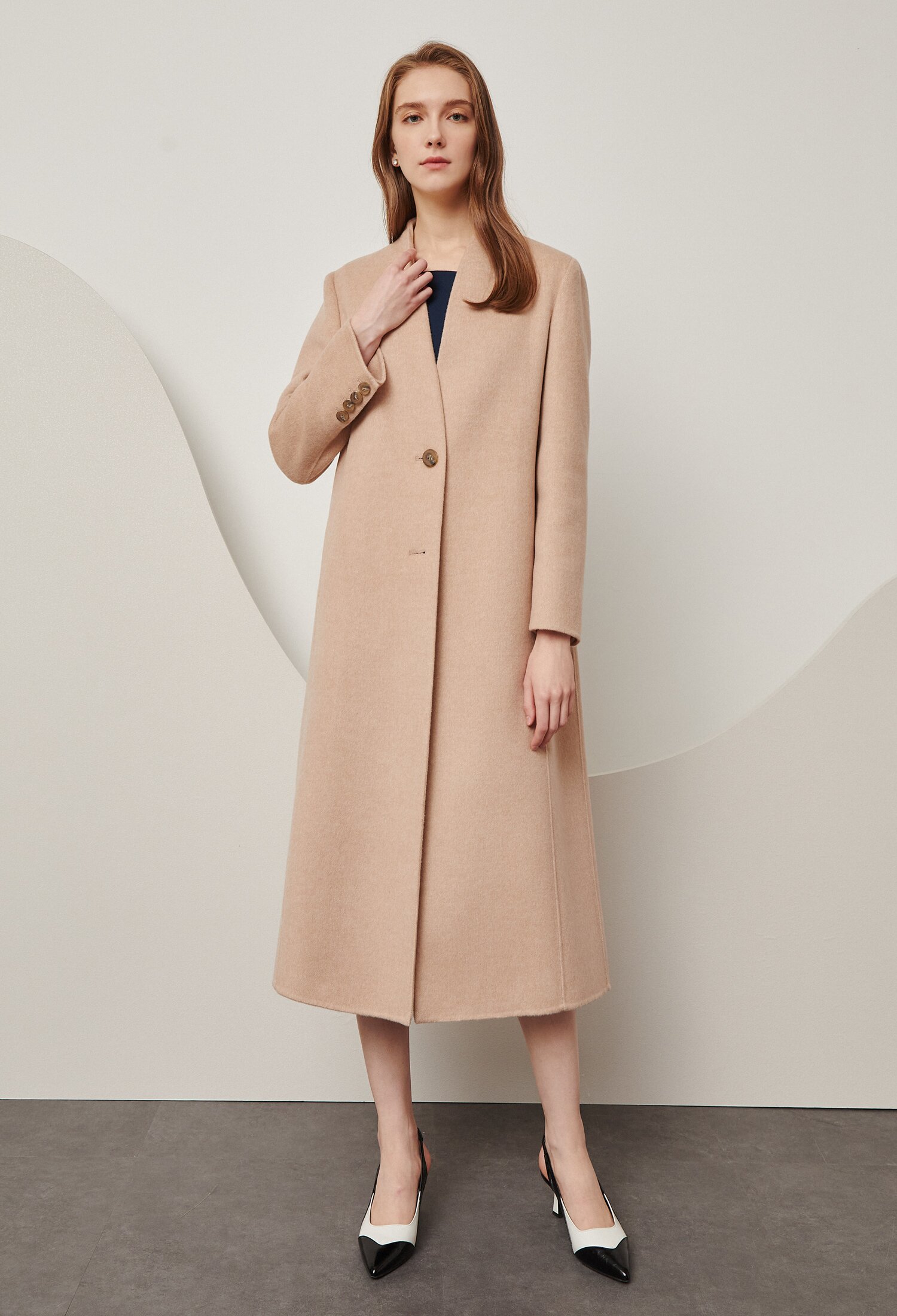 논칼라 트라페즈 롱 코트 (BEIGE)