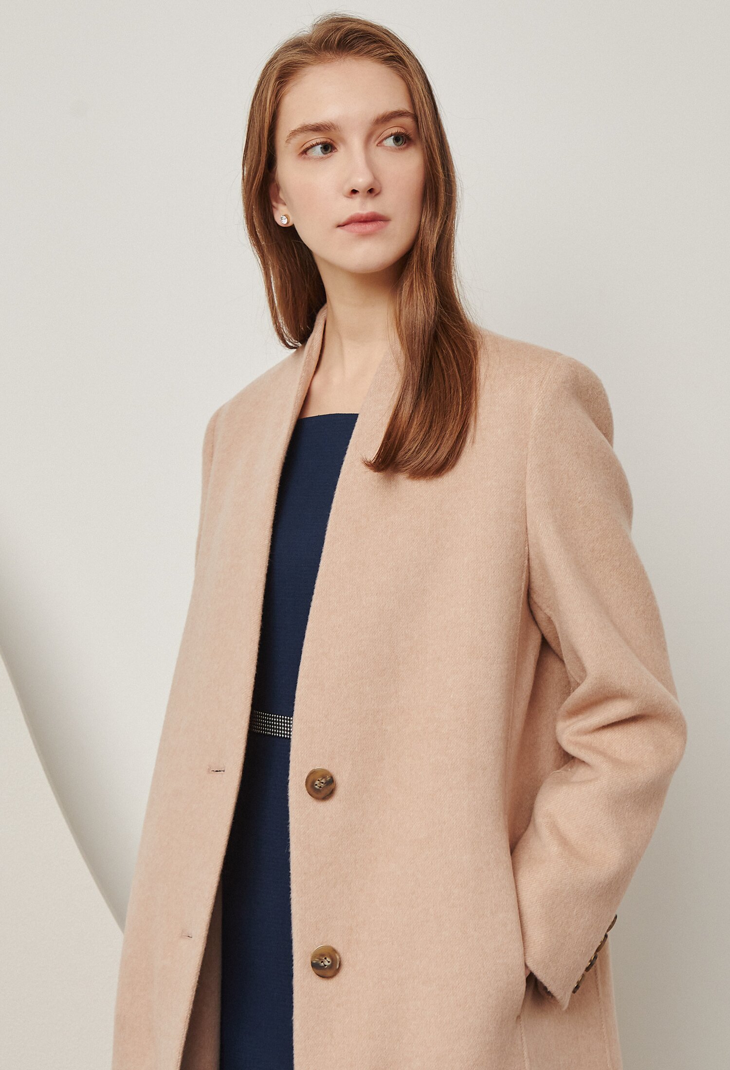 논칼라 트라페즈 롱 코트 (BEIGE)